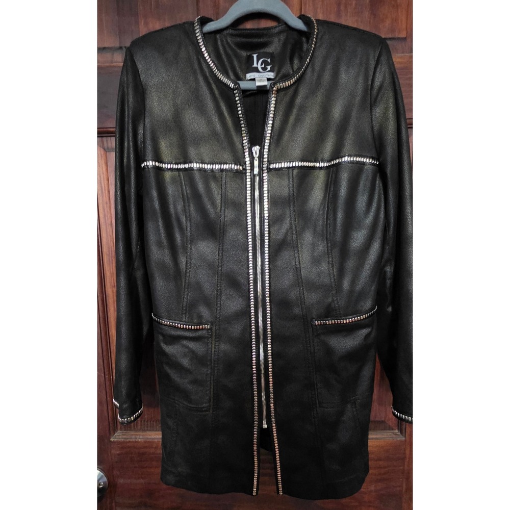 Lena Gabrielle Black Metallic Faux Leather Zip Front Longline Jacket Size 12